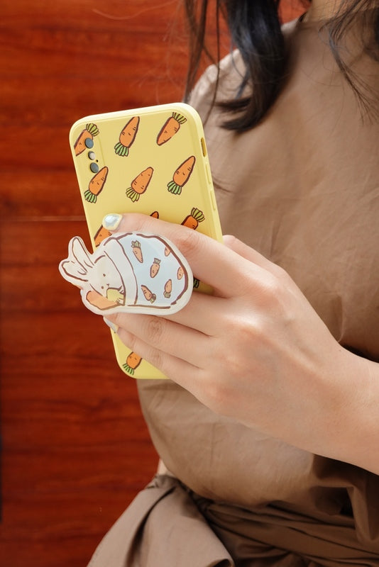 Cute Rabbit Phone Holder Stand: cream, yellow rabbits and carrots, cute cartoon kawaii style