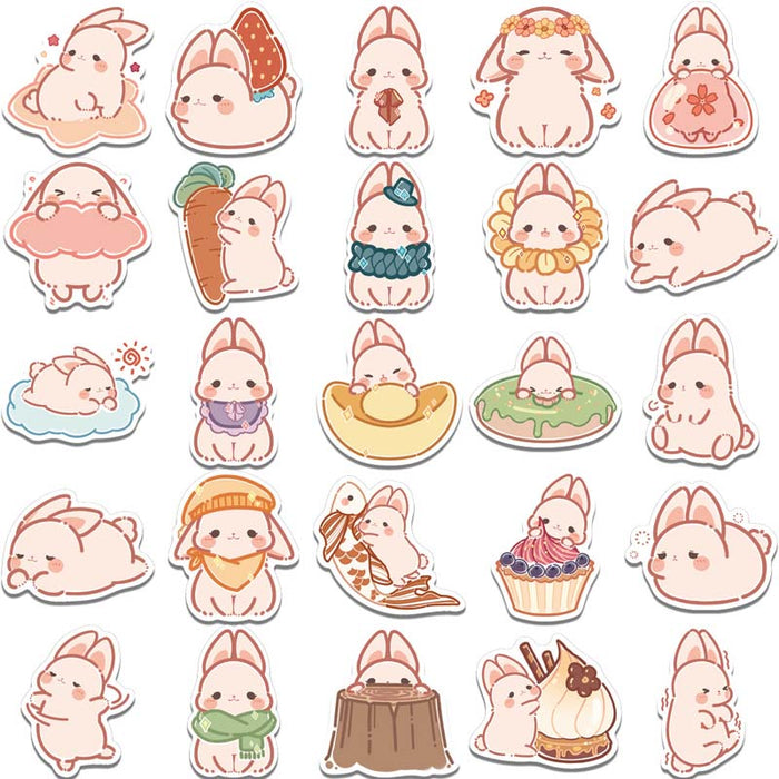 Cute Rabbit Stickers for Customization: white, pink cartoon white rabbits/bunnies, kawaii cartoon style