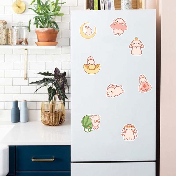 Cute Rabbit Stickers for Customization: white, pink cartoon white rabbits/bunnies, kawaii cartoon style