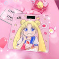 Cute Rechargeable Bathroom Scale with LCD Display: pink, yellow anime-style blonde girl character, kawaii anime cartoon style