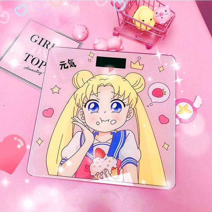 Cute Rechargeable Bathroom Scale with LCD Display: pink, yellow anime-style blonde girl character, kawaii anime cartoon style