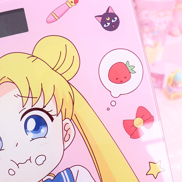 Cute Rechargeable Bathroom Scale with LCD Display: pink, yellow anime-style blonde girl character, kawaii anime cartoon style