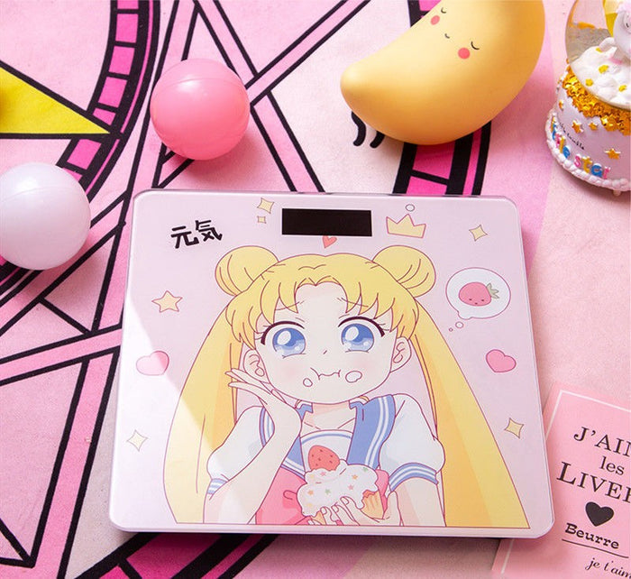 Cute Rechargeable Bathroom Scale with LCD Display: pink, yellow anime-style blonde girl character, kawaii anime cartoon style