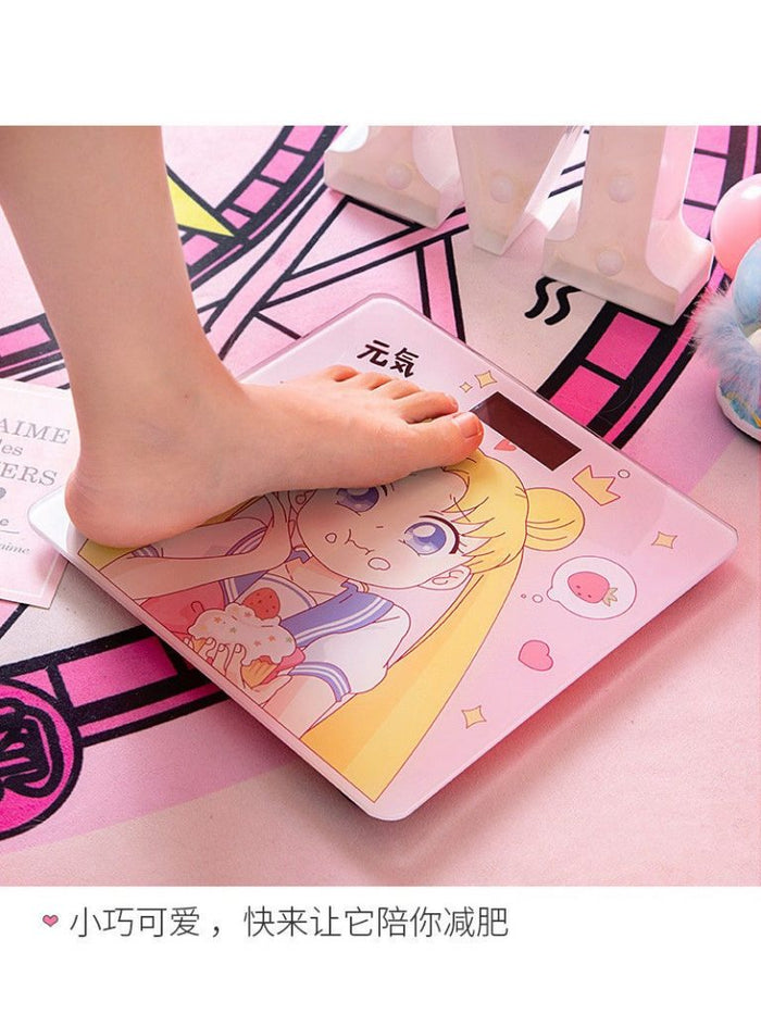 Cute Rechargeable Bathroom Scale with LCD Display: pink, yellow anime-style blonde girl character, kawaii anime cartoon style