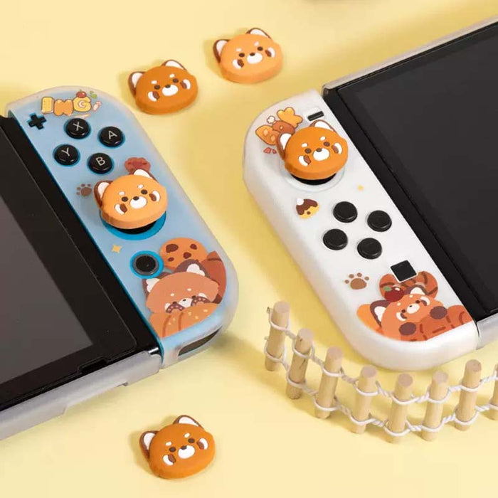 Cute Red Panda Joystick Caps for Switch: orange, brown cartoon bear face, kawaii cartoon style