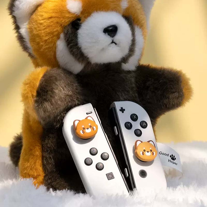 Cute Red Panda Joystick Caps for Switch: orange, brown cartoon bear face, kawaii cartoon style