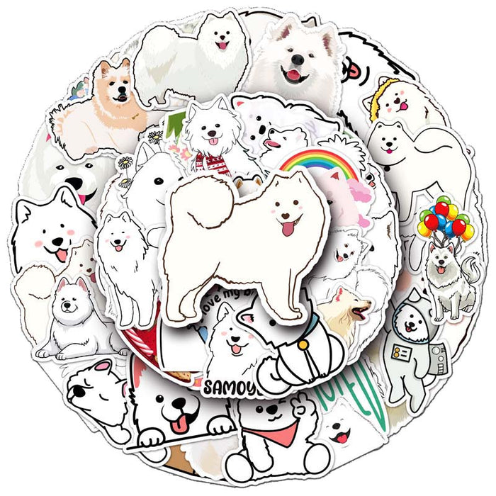 Cute Samoyed Stickers: Personalize Belongings: white, black Samoyed dogs, kawaii cartoon style