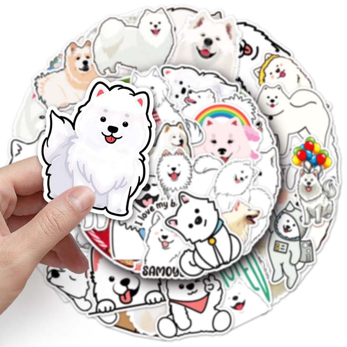 Cute Samoyed Stickers: Personalize Belongings: white, black Samoyed dogs, kawaii cartoon style