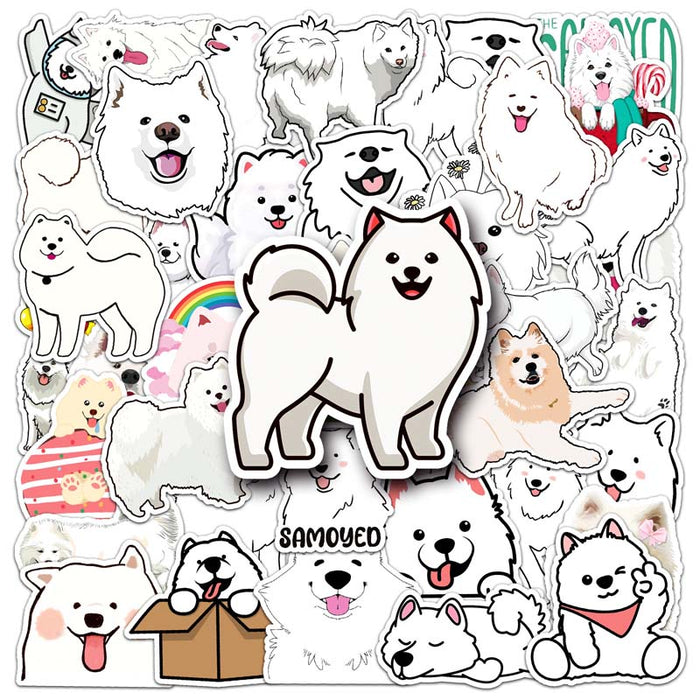 Cute Samoyed Stickers: Personalize Belongings: white, black Samoyed dogs, kawaii cartoon style