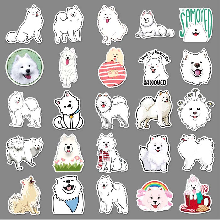 Cute Samoyed Stickers: Personalize Belongings: white, black Samoyed dogs, kawaii cartoon style