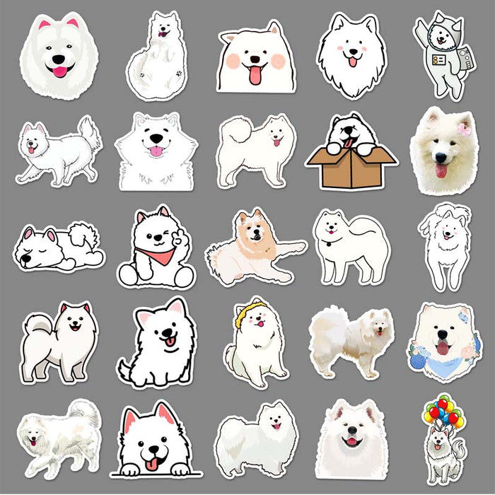 Cute Samoyed Stickers: Personalize Belongings: white, black Samoyed dogs, kawaii cartoon style