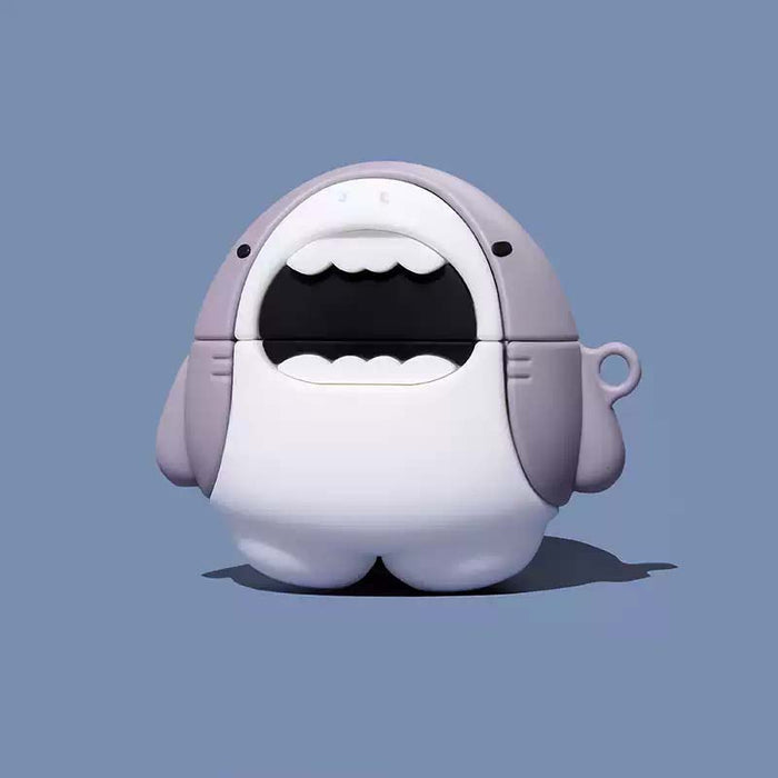 Cute Shark AirPods Pro Case with Protection: white, light lavender cartoon shark-like character, cute cartoon kawaii style