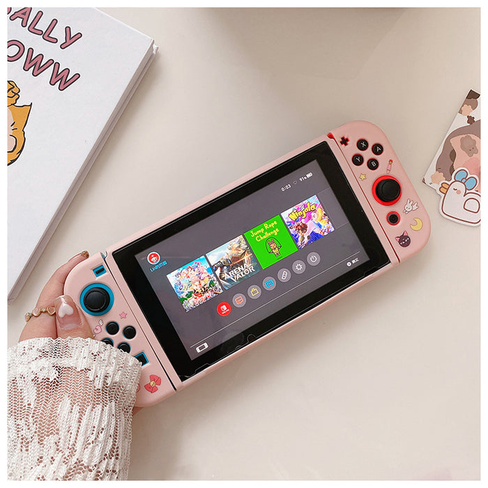 Cute Usagi Switch OLED Protective Case: pink, black Sailor Moon-inspired anime girl character, kawaii cartoon style