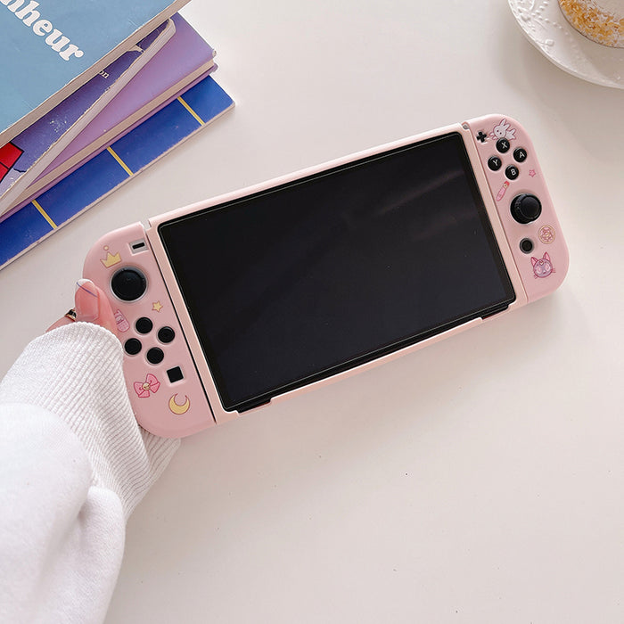 Cute Usagi Switch OLED Protective Case: pink, black Sailor Moon-inspired anime girl character, kawaii cartoon style