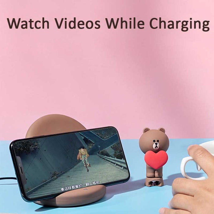 Cute Wireless Charger Stand for Qi-Devices: brown, pink brown bear character, cute cartoon kawaii style
