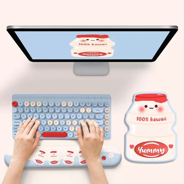 Cute Yogurt Drink Wrist Rest Set: light blue, white cute milk carton character/theme, kawaii cartoon style