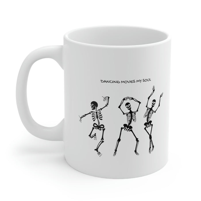 Dancing Skeletons Mug: white, black three dancing skeleton characters, cartoon graphic style