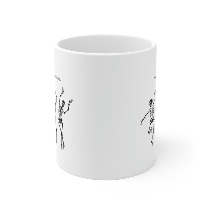 Dancing Skeletons Mug: white, black three dancing skeleton characters, cartoon graphic style