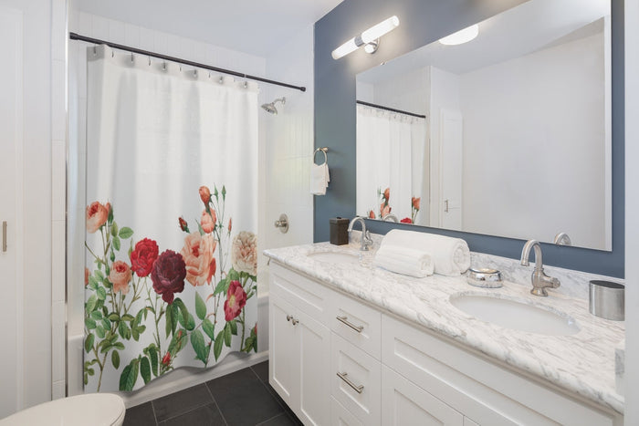 Decorate Your Home with Beautiful Rose Garden Shower Curtains: white, green floral roses, botanical floral style