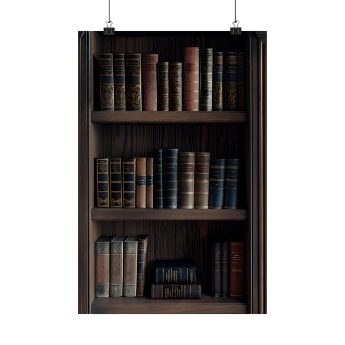 Decorative Poster for Book Lovers: black, dark brown bookshelf with books, realistic, dark vintage library aesthetic style