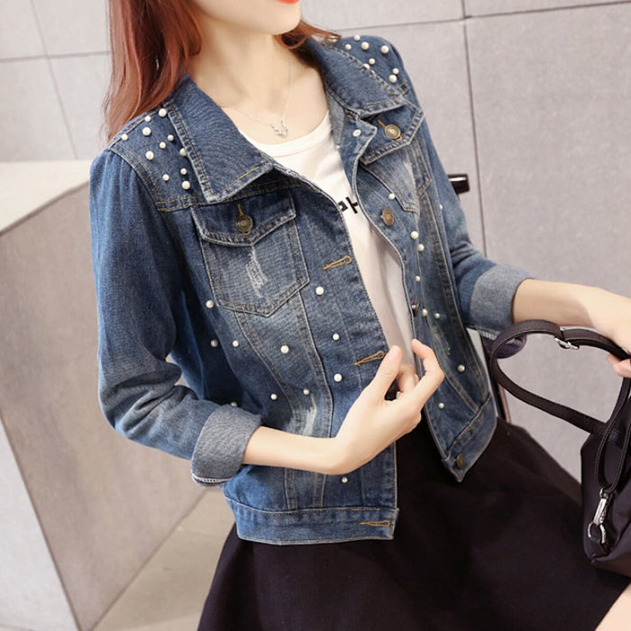 Denim Jacket for Women Adorned with Pearls: blue, silver denim jacket, casual embellished denim style
