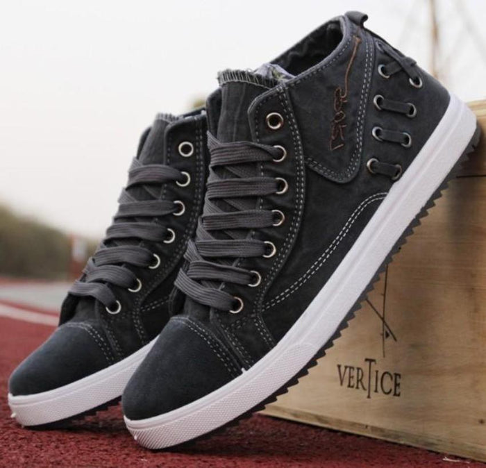 Denim Lace-Up Sneakers for Men's Casual Wear: black, dark gray high-top sneakers, casual sporty style