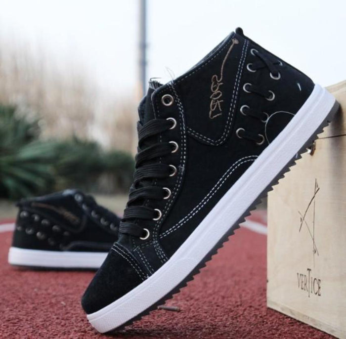 Denim Lace-Up Sneakers for Men's Casual Wear: black, dark gray high-top sneakers, casual sporty style