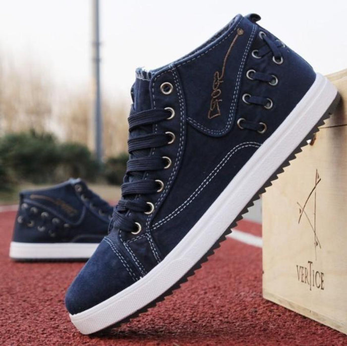 Denim Lace-Up Sneakers for Men's Casual Wear: black, dark gray high-top sneakers, casual sporty style