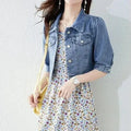 Denim Short Jacket for Women with Half Sleeves: medium blue, silver women's cropped jacket, casual feminine style