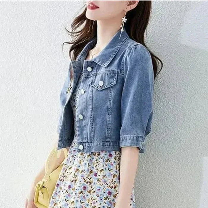 Denim Short Jacket for Women with Half Sleeves: medium blue, silver women's cropped jacket, casual feminine style