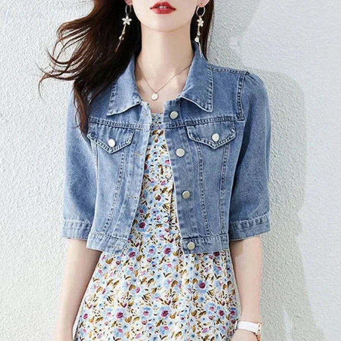 Denim Short Jacket for Women with Half Sleeves: medium blue, silver women's cropped jacket, casual feminine style