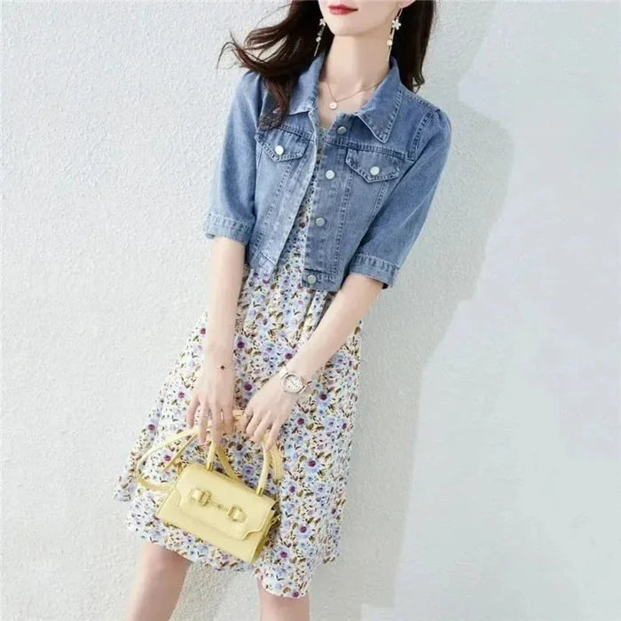 Denim Short Jacket for Women with Half Sleeves: medium blue, silver women's cropped jacket, casual feminine style