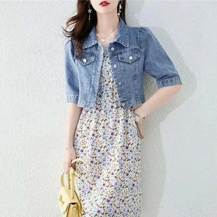 Denim Short Jacket for Women with Half Sleeves: medium blue, silver women's cropped jacket, casual feminine style
