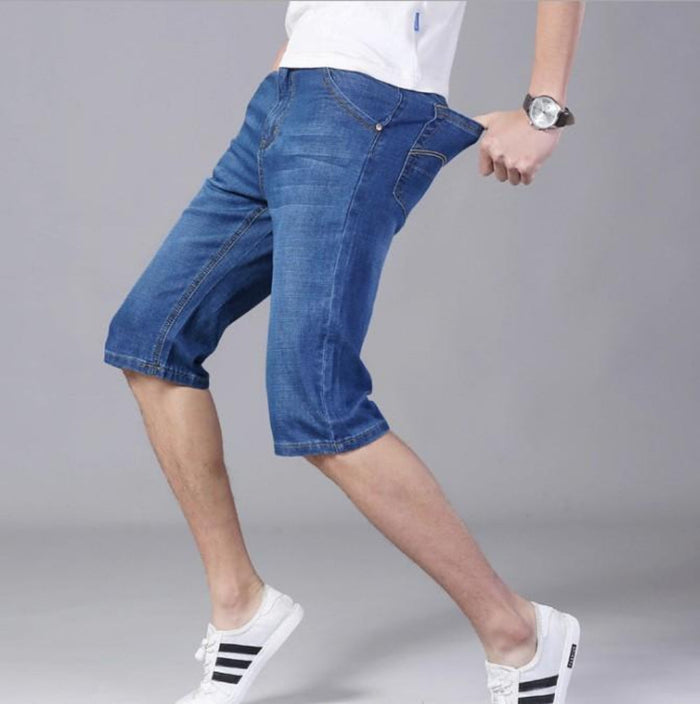 Denim Shorts for Men: blue, white denim knee-length shorts, casual style