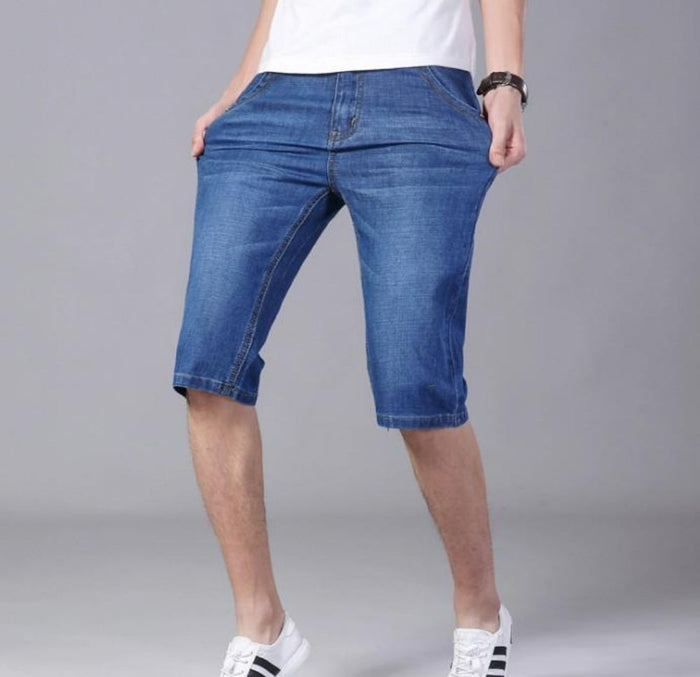 Denim Shorts for Men: blue, white denim knee-length shorts, casual style