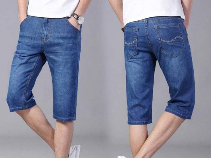Denim Shorts for Men: blue, white denim knee-length shorts, casual style