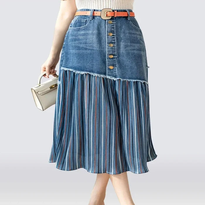 Denim Skirt with Layered Design for Women: blue, dark blue skirt, casual patchwork style
