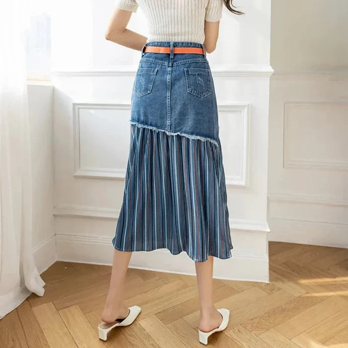 Denim Skirt with Layered Design for Women: blue, dark blue skirt, casual patchwork style
