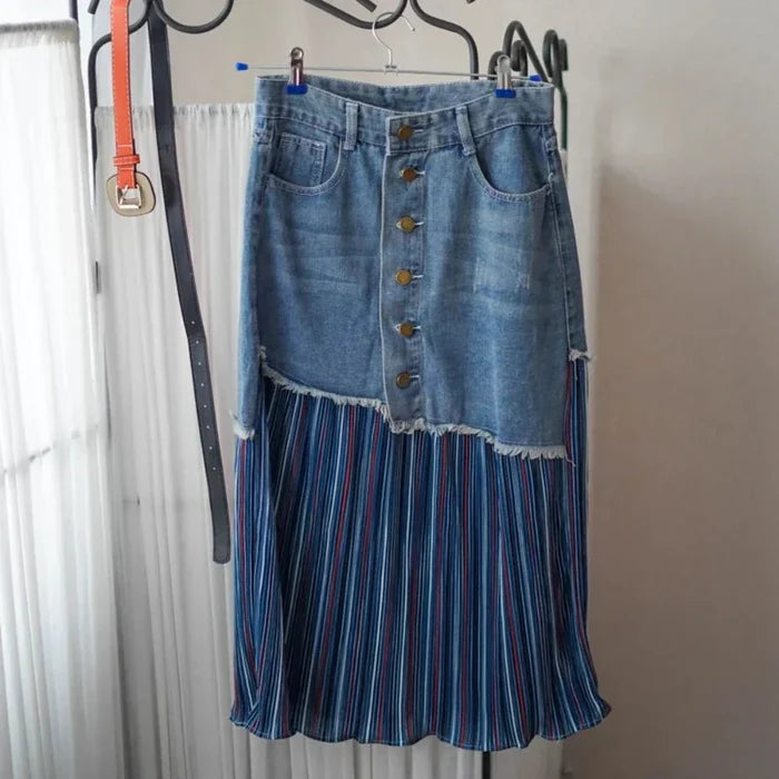 Denim Skirt with Layered Design for Women: blue, dark blue skirt, casual patchwork style