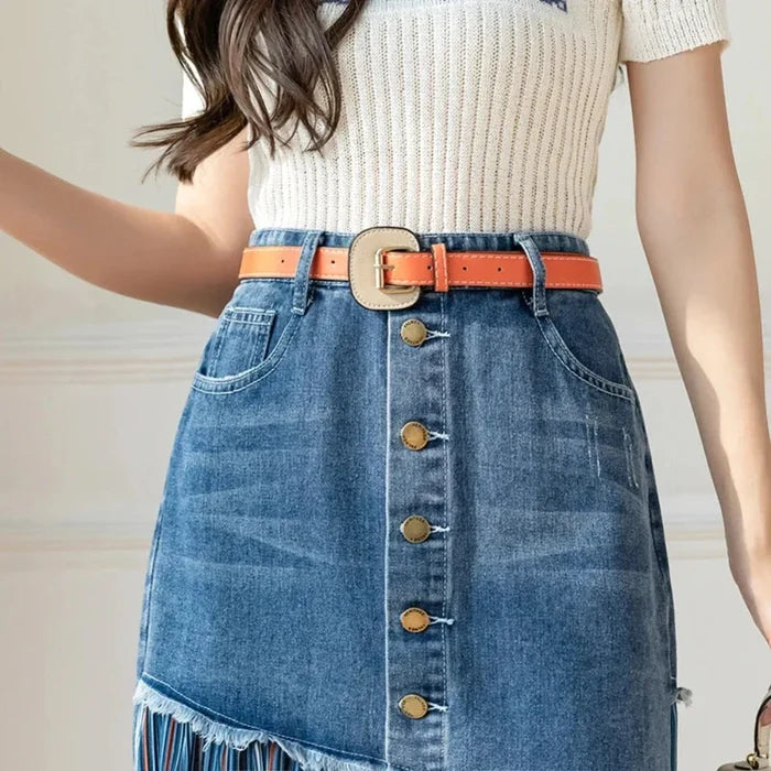 Denim Skirt with Layered Design for Women: blue, dark blue skirt, casual patchwork style