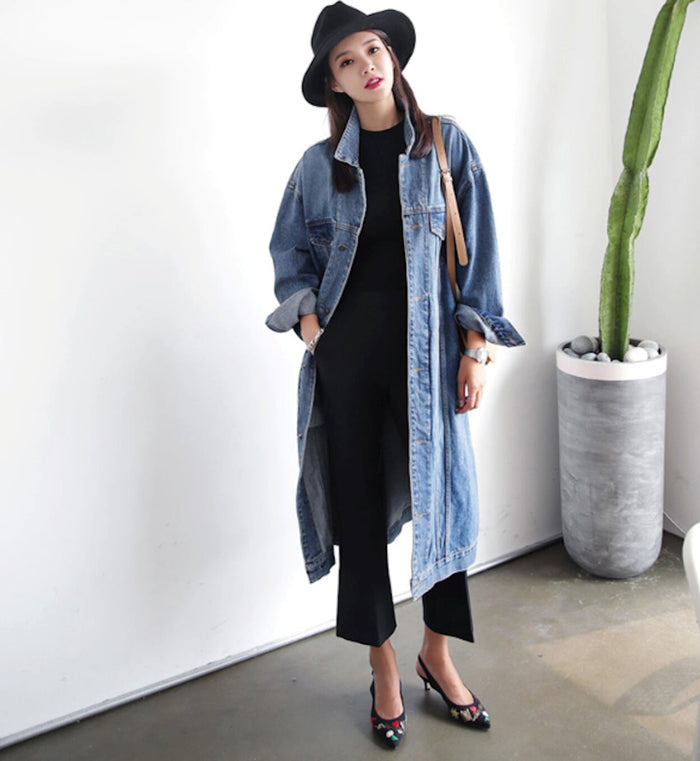 Denim Trench Coat for Women: blue, black long denim coat/jacket, casual style