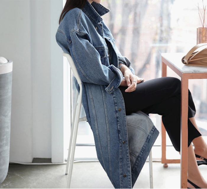 Denim Trench Coat for Women: blue, black long denim coat/jacket, casual style