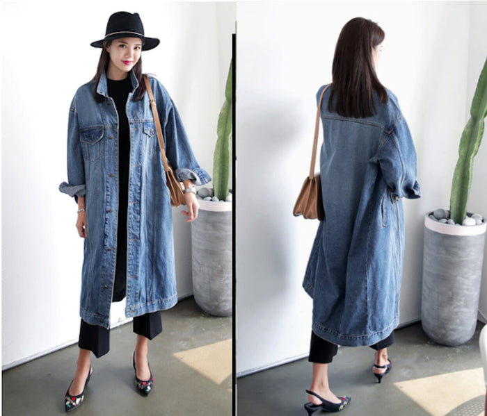 Denim Trench Coat for Women: blue, black long denim coat/jacket, casual style