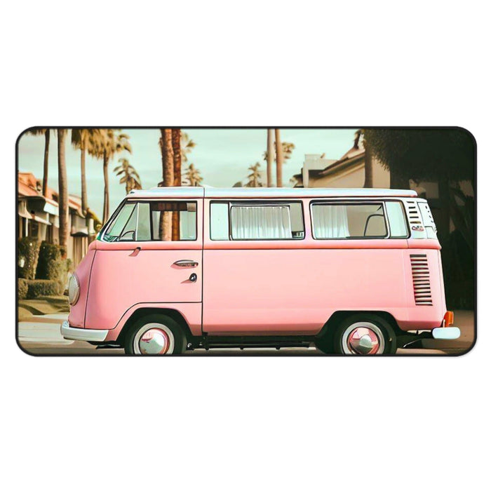 Desk Mat with a Vintage City Van Design: pink, white pink vintage van, retro photographic/illustrated style