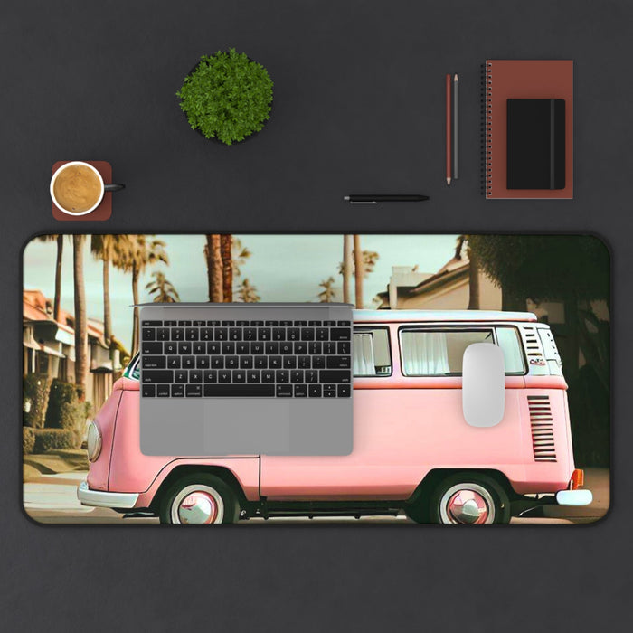 Desk Mat with a Vintage City Van Design: pink, white pink vintage van, retro photographic/illustrated style