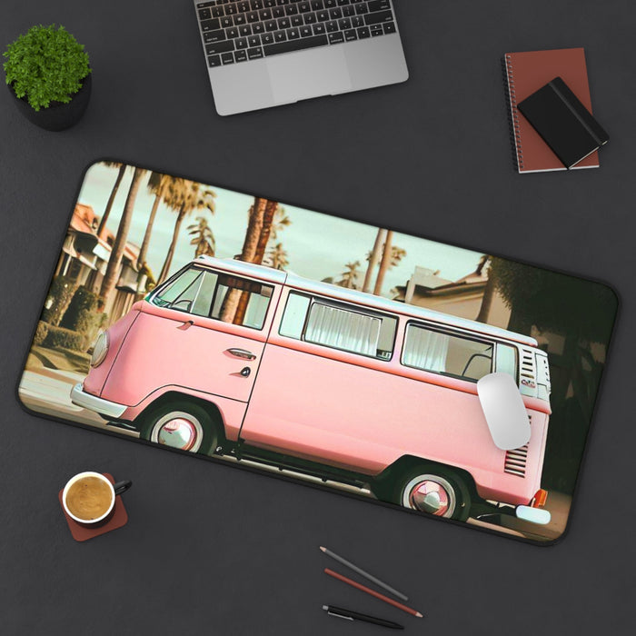 Desk Mat with a Vintage City Van Design: pink, white pink vintage van, retro photographic/illustrated style