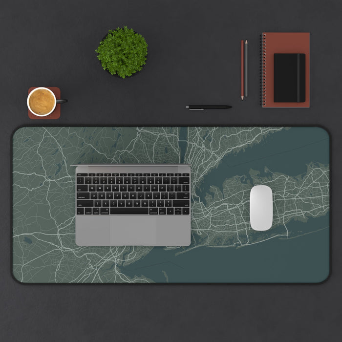 Desk Pad featuring Map of New York City: dark teal, gray New York City metropolitan area map, minimal style