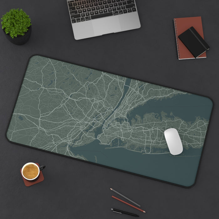 Desk Pad featuring Map of New York City: dark teal, gray New York City metropolitan area map, minimal style