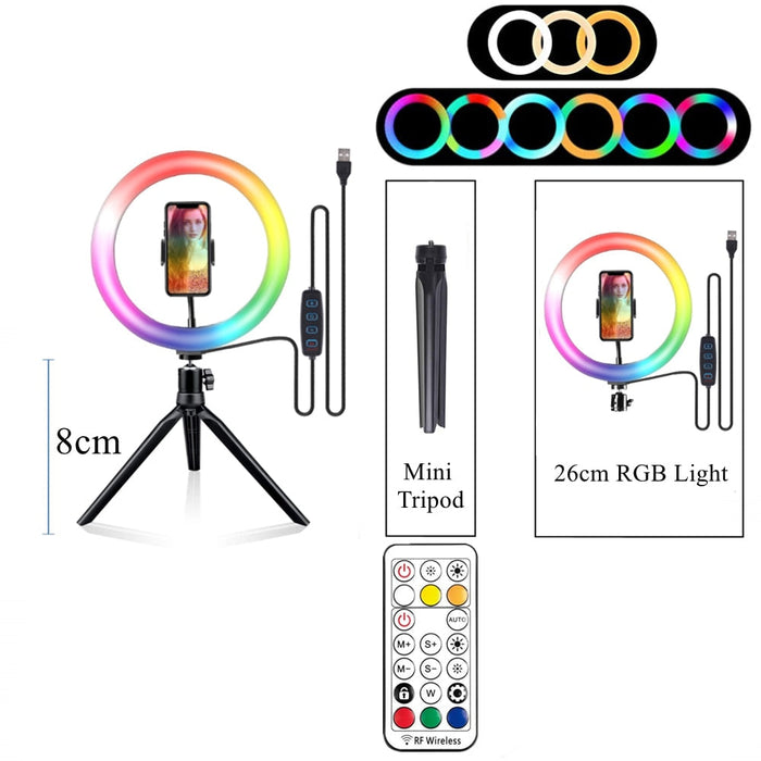 Desktop RGB Selfie Ring Light: black, white RGB ring light kit with phone holder, mini tripod, USB cable/controller, and remo