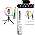 Desktop RGB Selfie Ring Light: black, white RGB ring light kit with phone holder, mini tripod, USB cable/controller, and remo